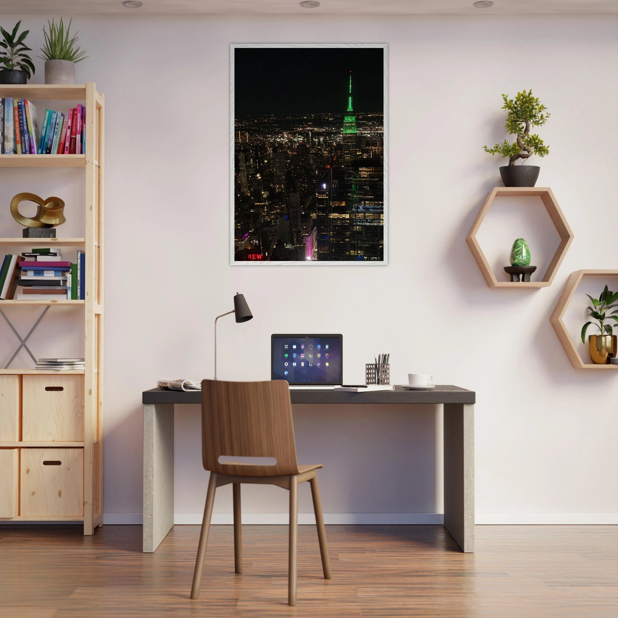Premium wood-mounted framed poster of NYC downtown night view with Empire State Building, 15x20 cm print in white frame.