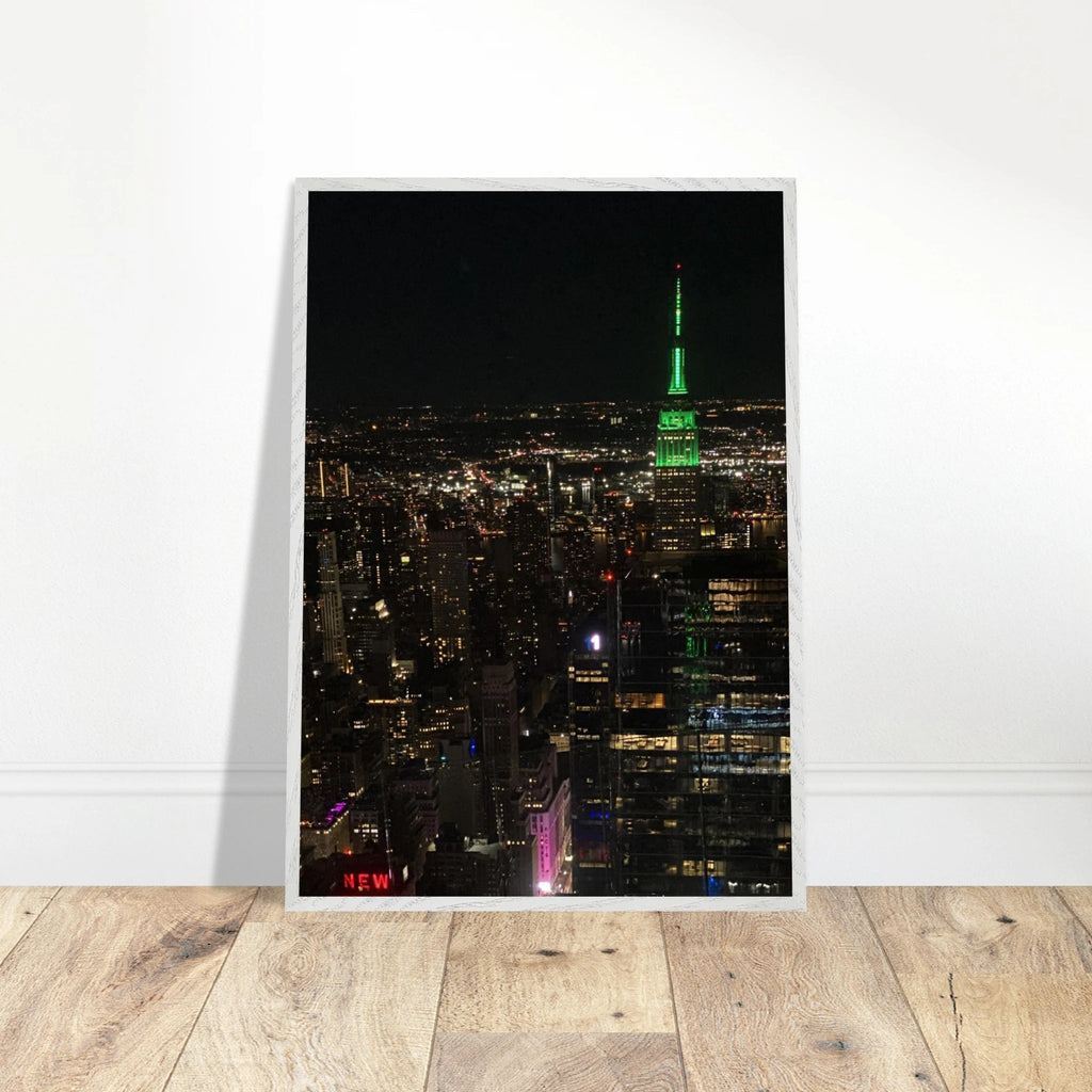 Wood-mounted framed poster of NYC Downtown night view with Empire State Building, part of the Travel Collection Studio Edition.