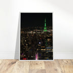 Wood-mounted framed poster of NYC Downtown night view with Empire State Building, part of the Travel Collection Studio Edition.