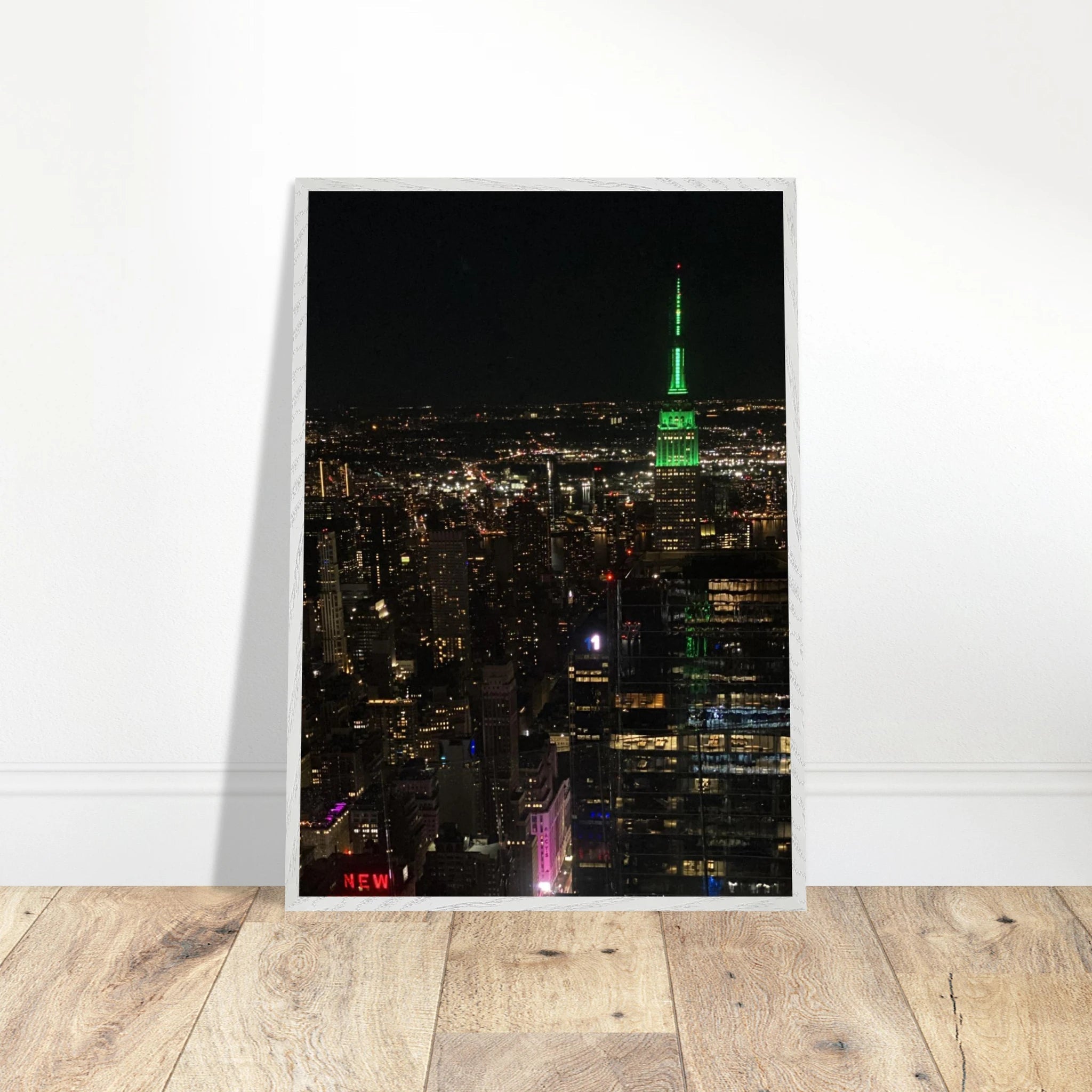 Wood-mounted framed poster of NYC Downtown night view with Empire State Building, part of the Travel Collection Studio Edition.