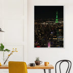 Wood-mounted framed poster of NYC downtown night view with Empire State Building, part of the Studio Edition Travel Collection.