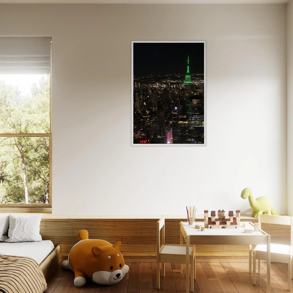Premium wood-mounted framed poster of NYC downtown night view with Empire State Building, part of travel collection studio edition.