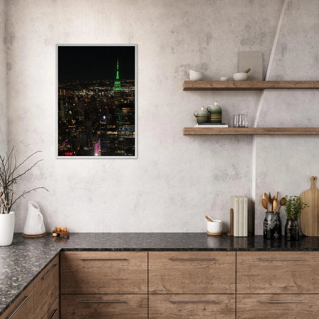 Premium wood-mounted framed poster of NYC downtown night view with Empire State Building, part of travel collection, studio edition.