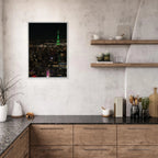 Premium wood-mounted framed poster of NYC downtown night view with Empire State Building, part of travel collection, studio edition.