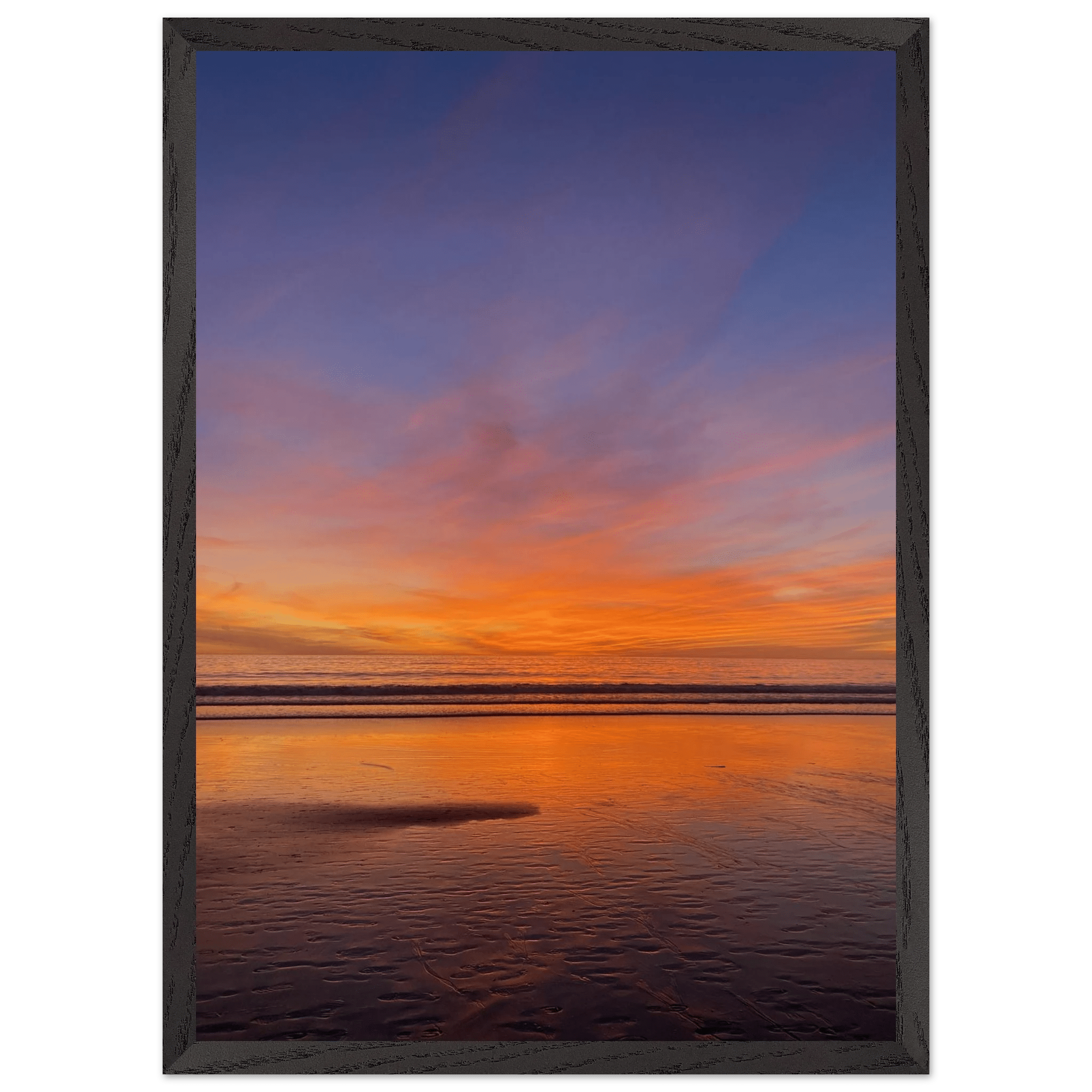 Vibrant California Sunset framed poster on white wooden frame, studio edition print with colorful California poster art.
