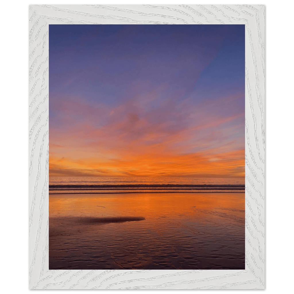 Vibrant California Sunset framed poster in a white wooden frame, depicting colorful California sunset landscape art.