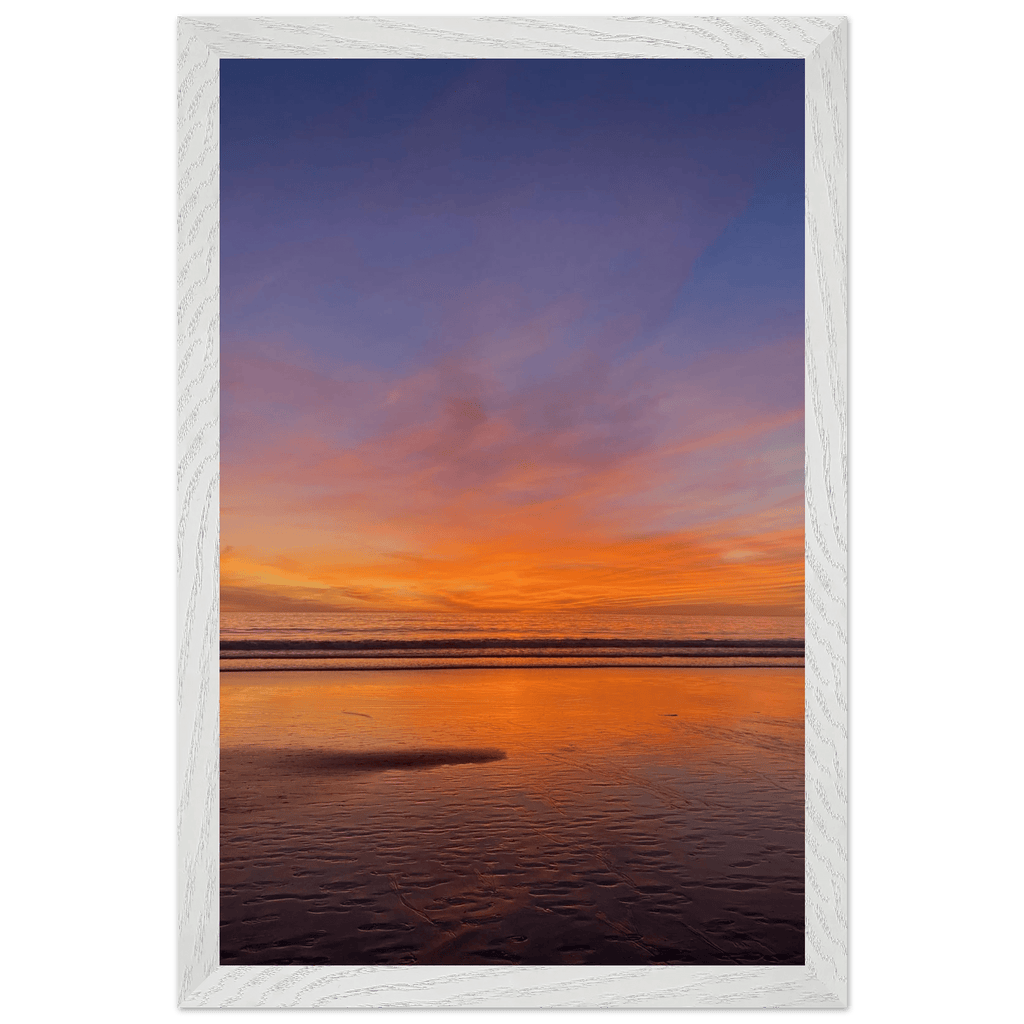 Vibrant California Sunset framed poster on white wooden frame, featuring colorful California poster art in a studio edition.