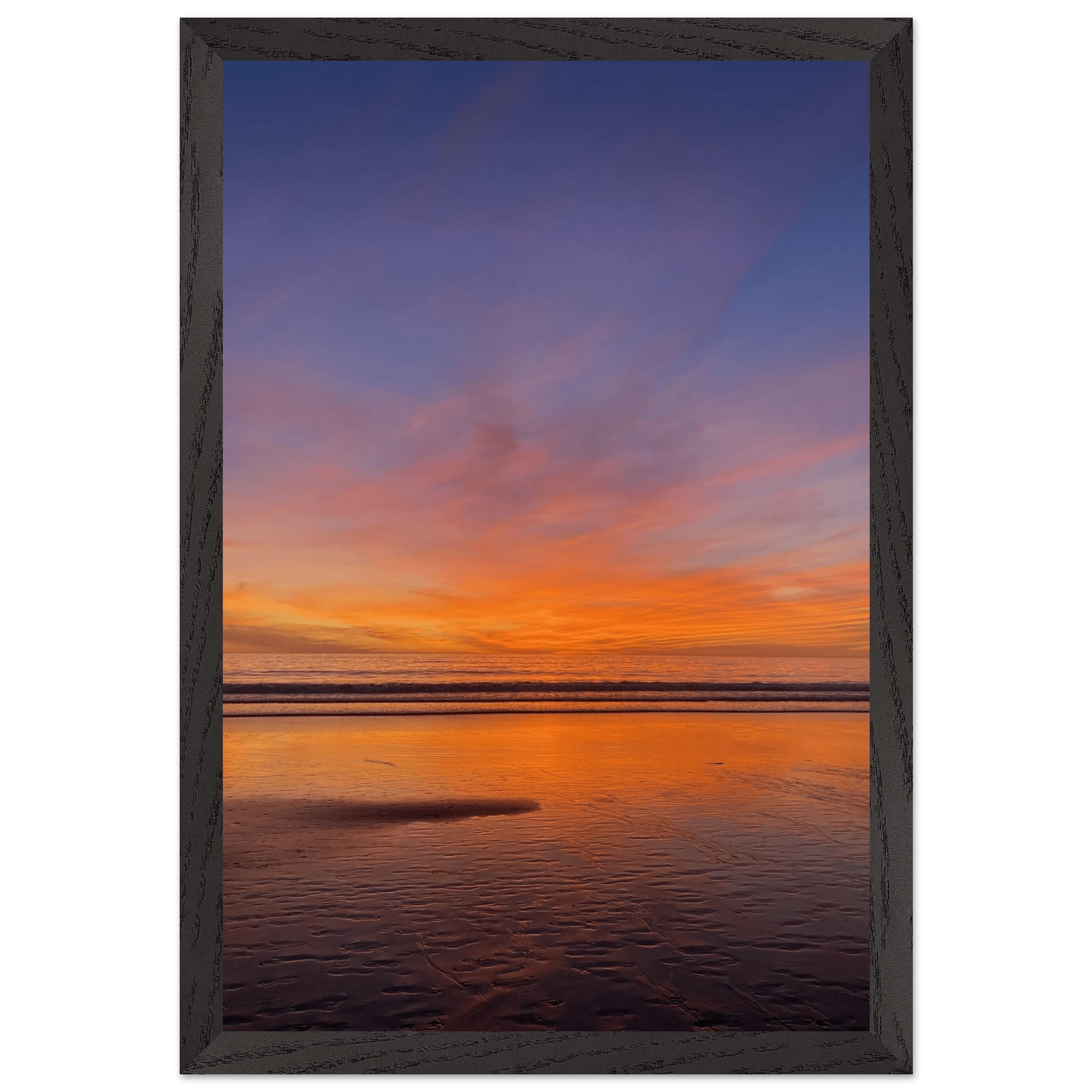 Vibrant California Sunset framed poster in a white wooden frame, featuring colorful California poster art on print material.