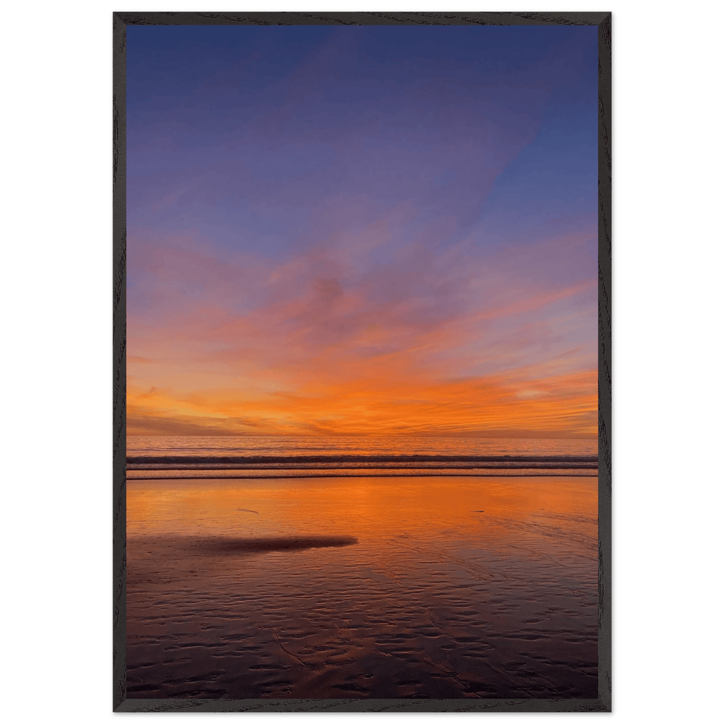 Premium wooden frame with vibrant California Sunset poster print in 15x20 cm size, featuring colorful California poster art.