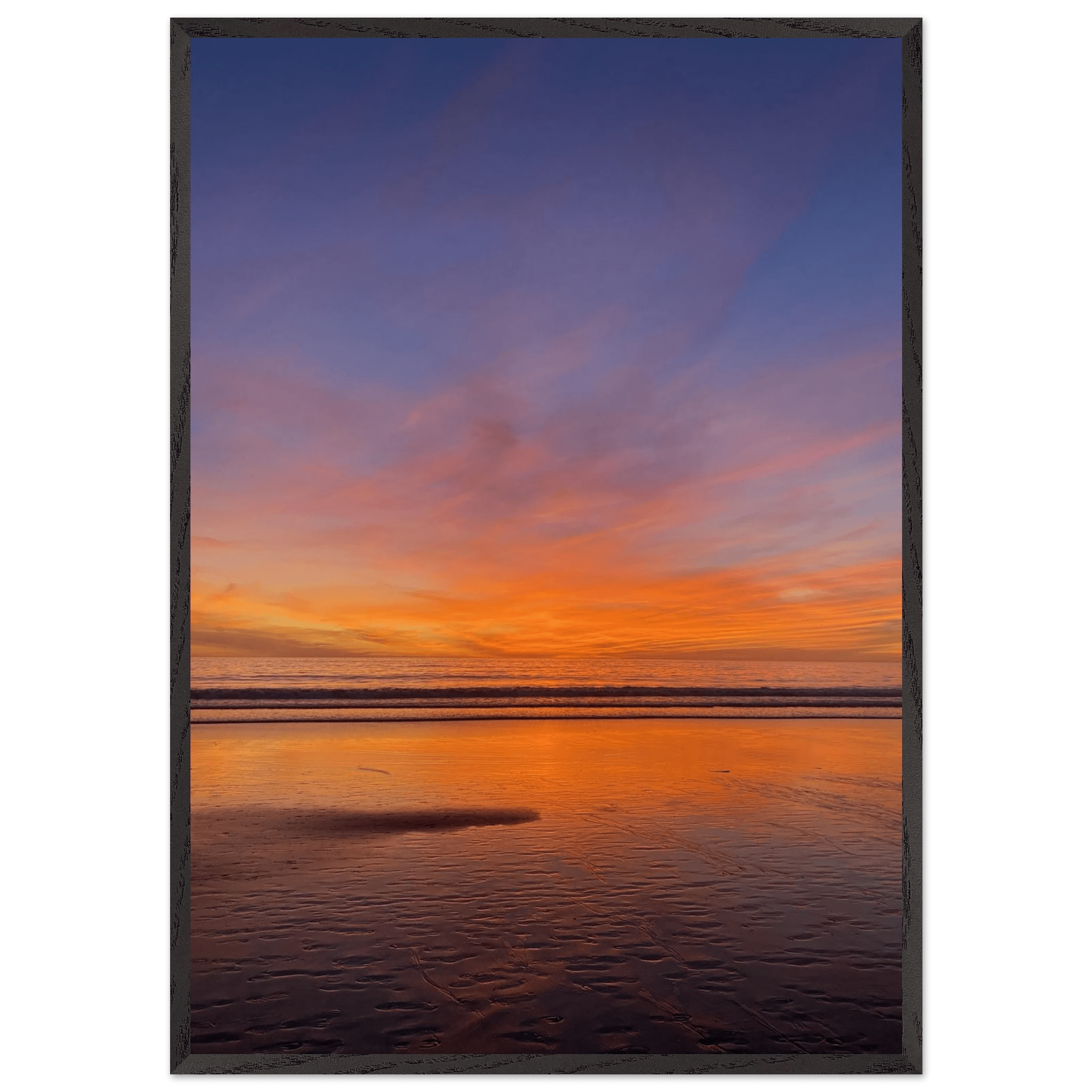 Premium wooden frame with vibrant California Sunset poster print in 15x20 cm size, featuring colorful California poster art.