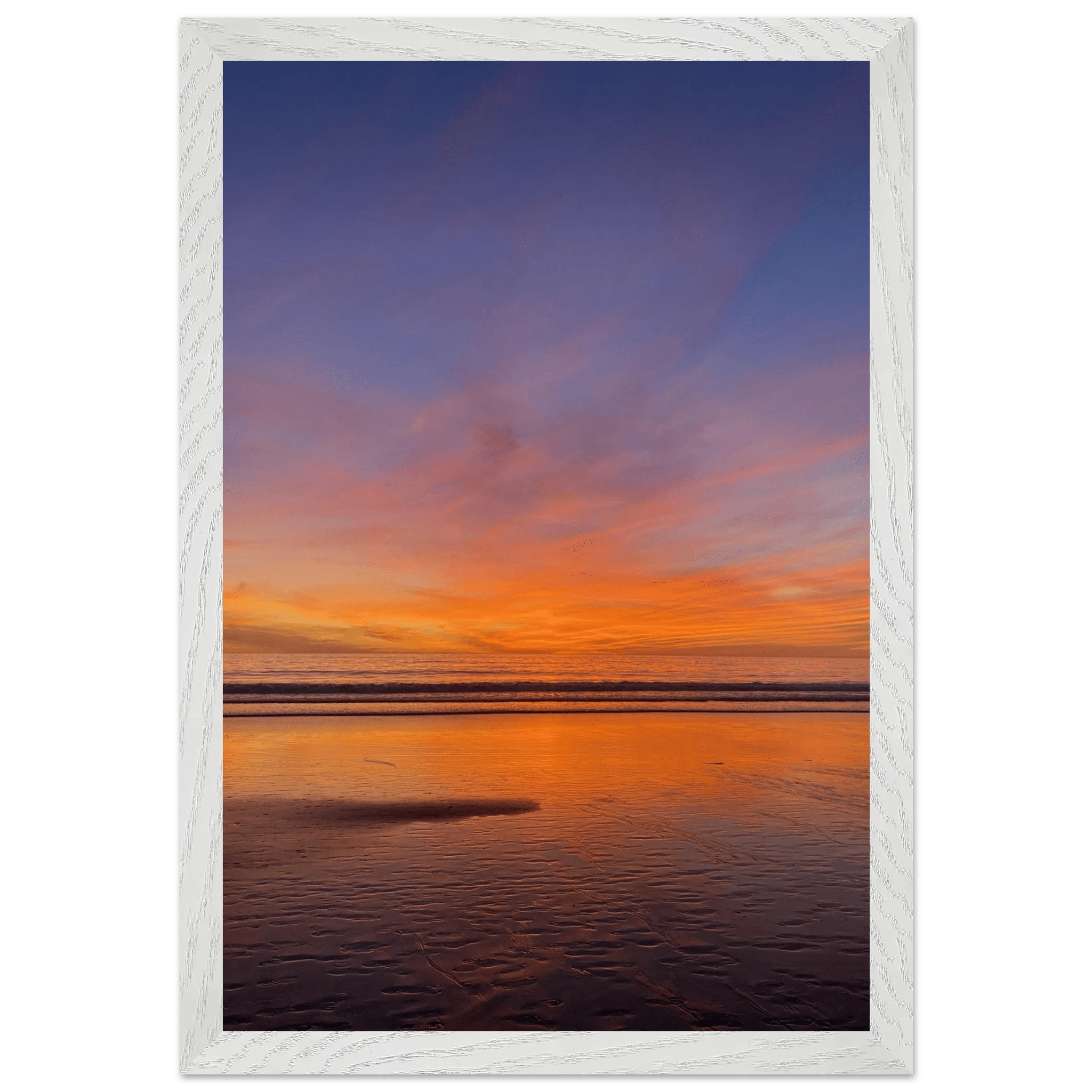 Vibrant California Sunset framed poster in a white premium wooden frame, showcasing colorful California poster art in 15x20 cm print