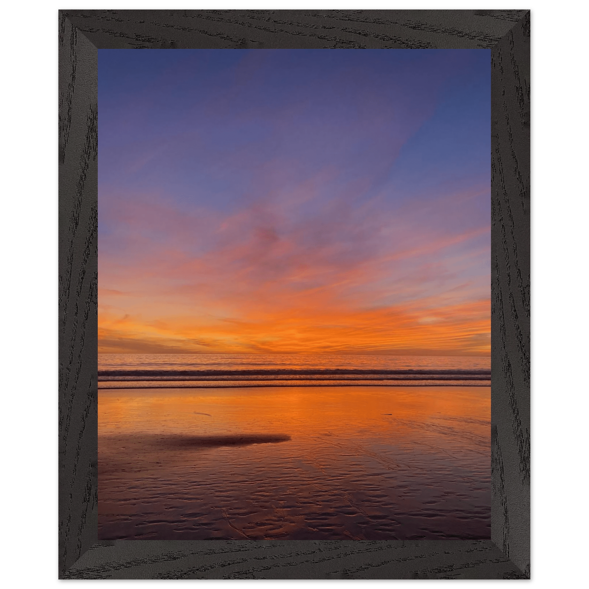 Vibrant California sunset framed poster in a white wooden frame, featuring colorful California poster art, studio edition.