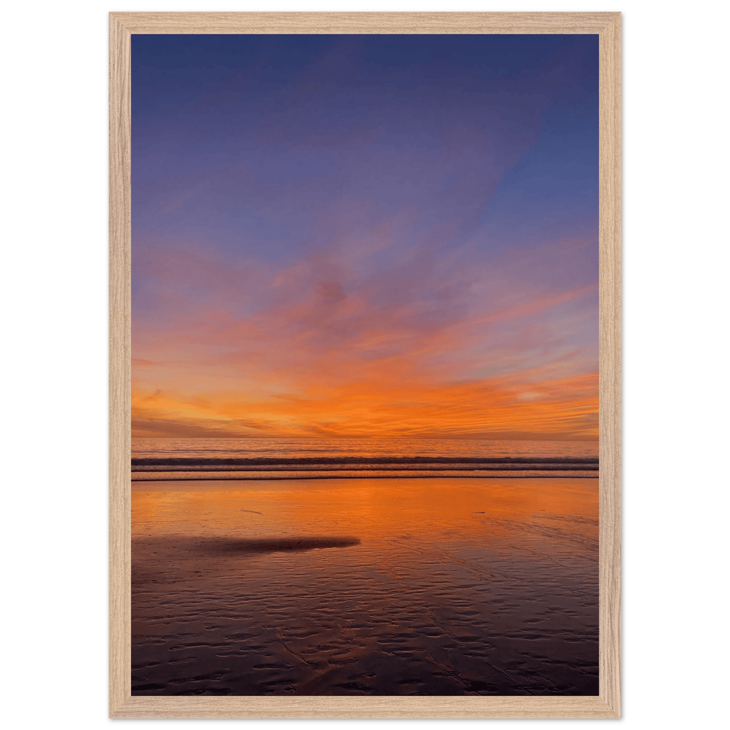 Vibrant California Sunset framed poster in a white premium wooden frame, featuring colorful California poster art on print material.