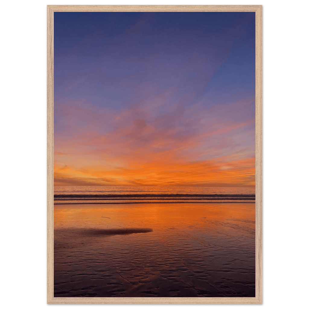 Vibrant California sunset framed poster in a white premium wooden frame, 15x20 cm print, featuring colorful California poster art.