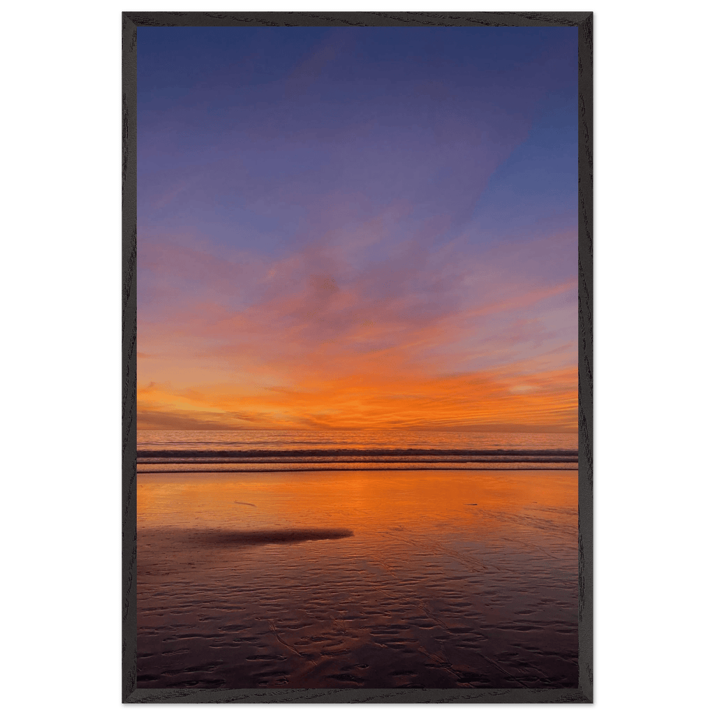 Vibrant California sunset framed poster in a white wooden frame, studio edition holiday print, 15x20 cm, colorful California poster art.