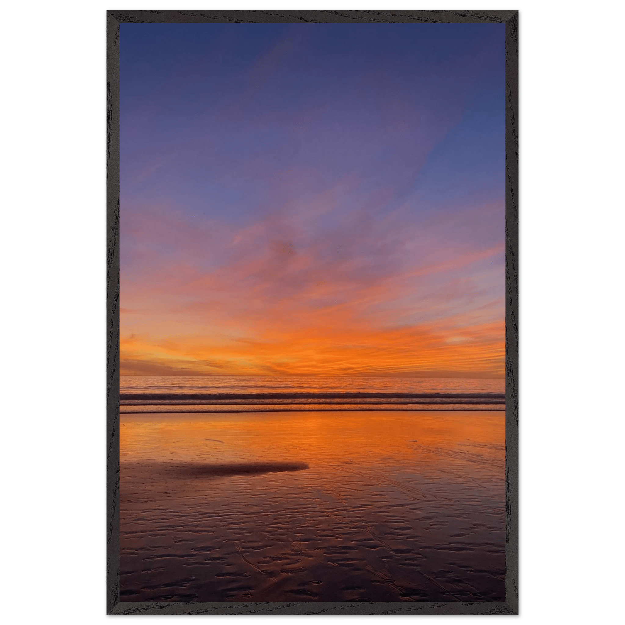 Vibrant California sunset framed poster in a white wooden frame, studio edition holiday print, 15x20 cm, colorful California poster art.