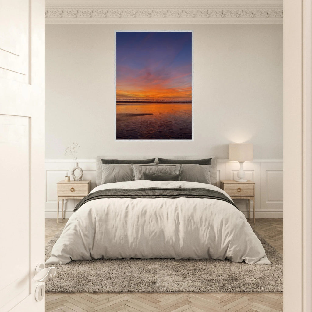 Vibrant California Sunset framed poster in a white wooden frame, featuring colorful California landscape art in a studio edition print.
