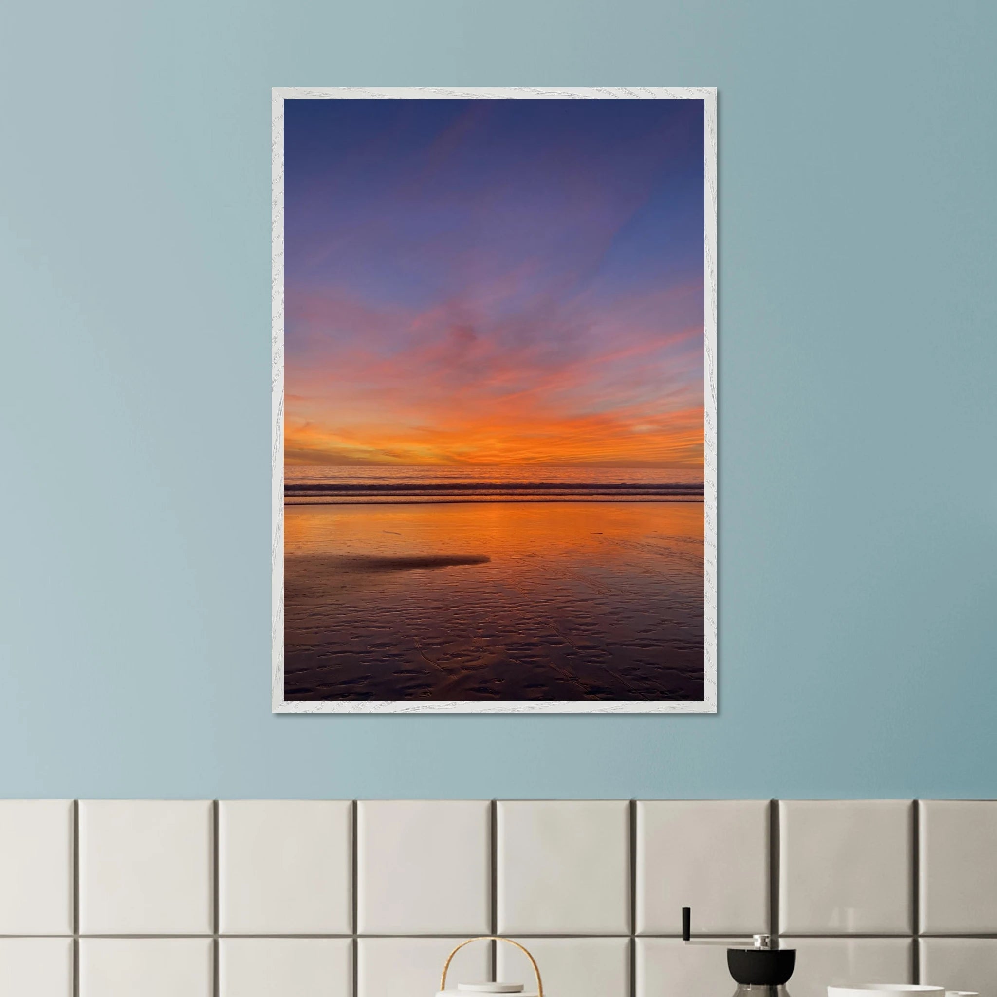 Vibrant California sunset framed poster in white wooden frame, measuring 15x20 cm, featuring colorful California sunset art.