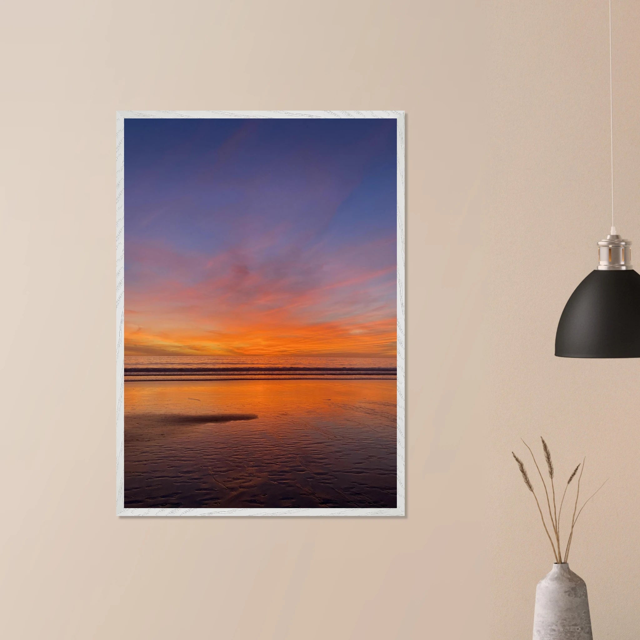 Vibrant California Sunset framed poster in a white premium wooden frame, featuring colorful California poster art.