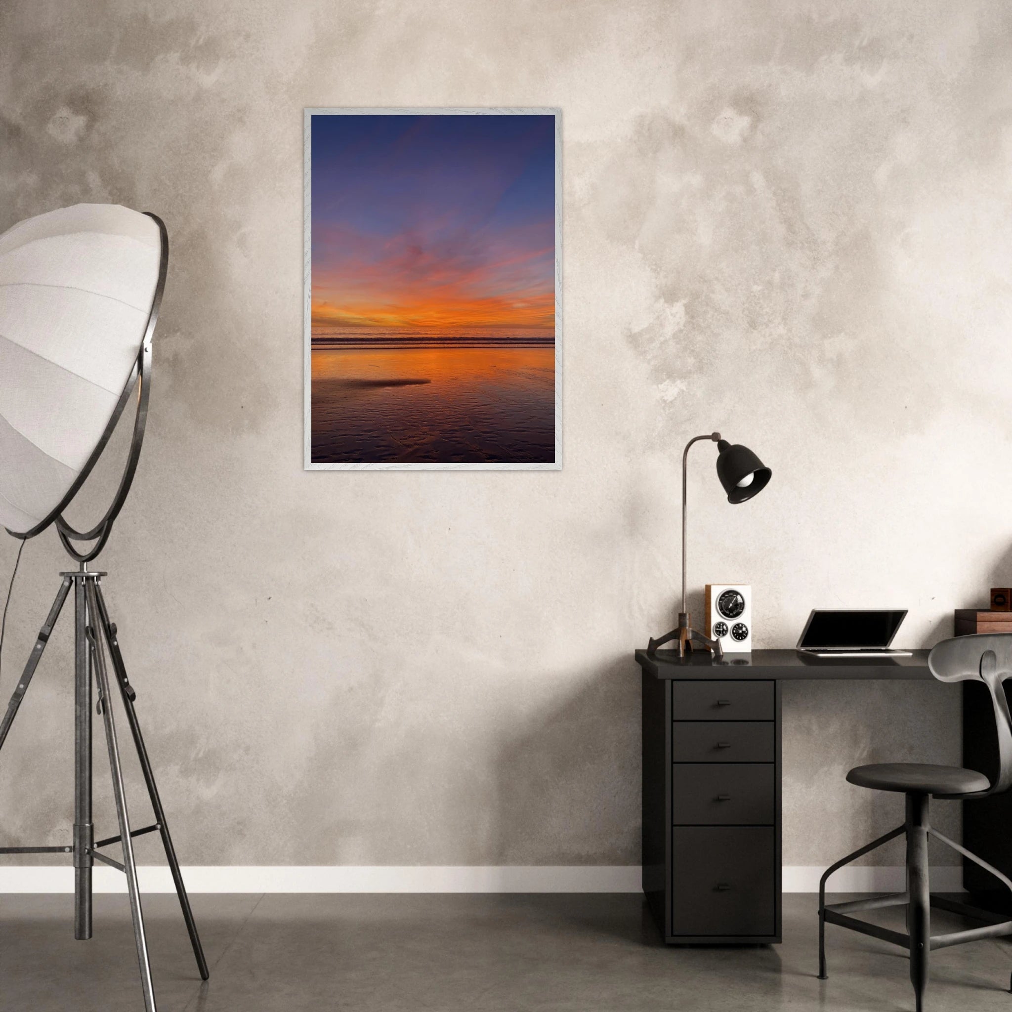 Vibrant California Sunset framed poster in a white wooden frame, featuring colorful California poster art on high-quality print material.