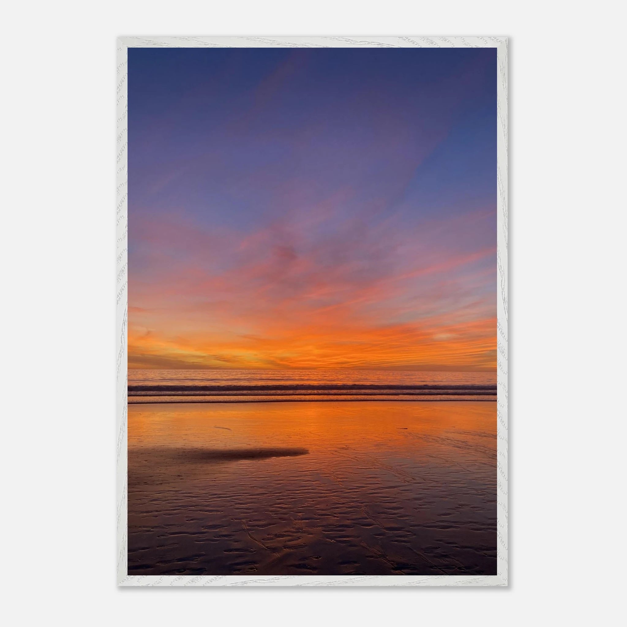 Vibrant California Sunset framed poster in a white wooden frame, featuring colorful California poster art on print material.