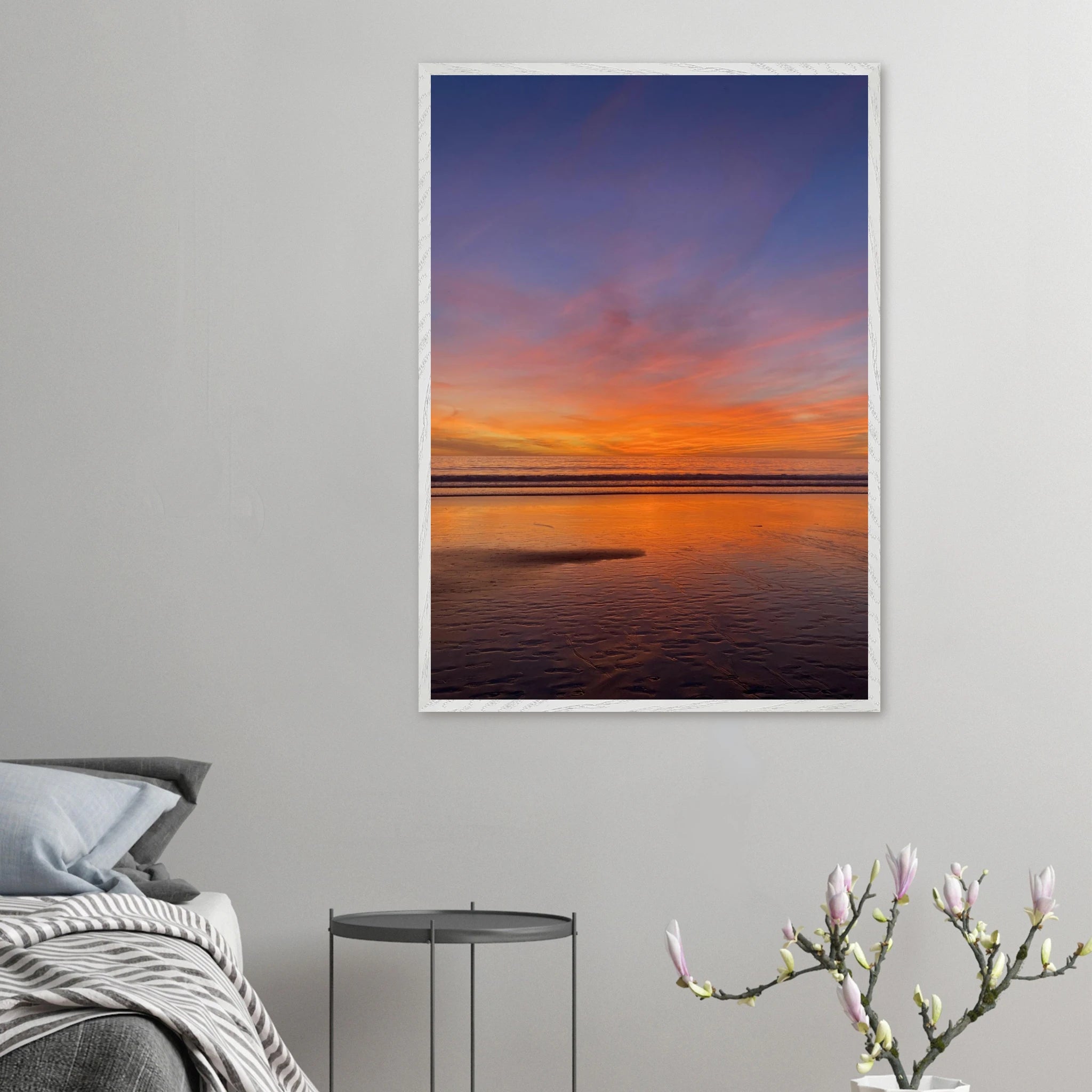 Vibrant California Sunset framed poster in a white wooden frame, featuring colorful California poster art on high-quality print material.