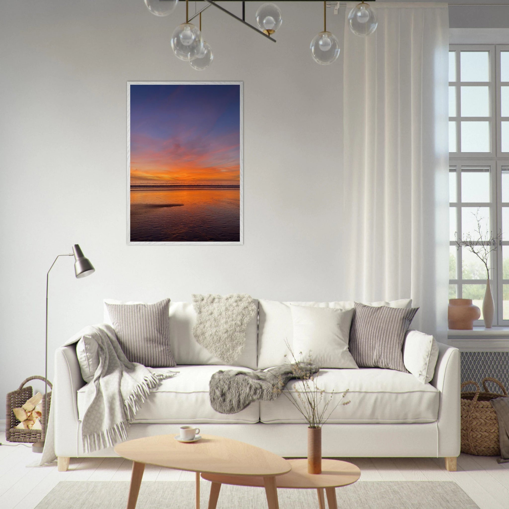 Vibrant California Sunset framed poster in a white premium wooden frame, 15x20 cm print, colorful California poster art.