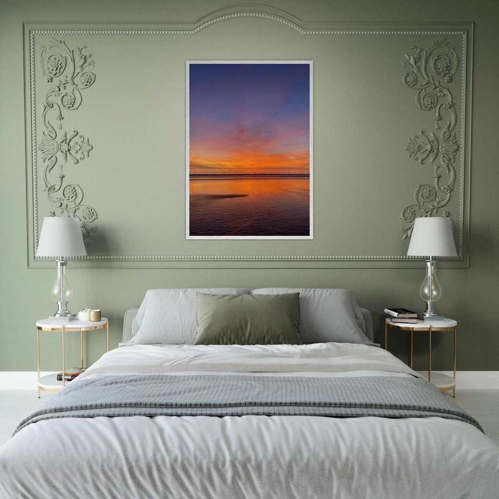 Vibrant California Sunset framed poster in a white wooden frame, featuring colorful California poster art on print material.