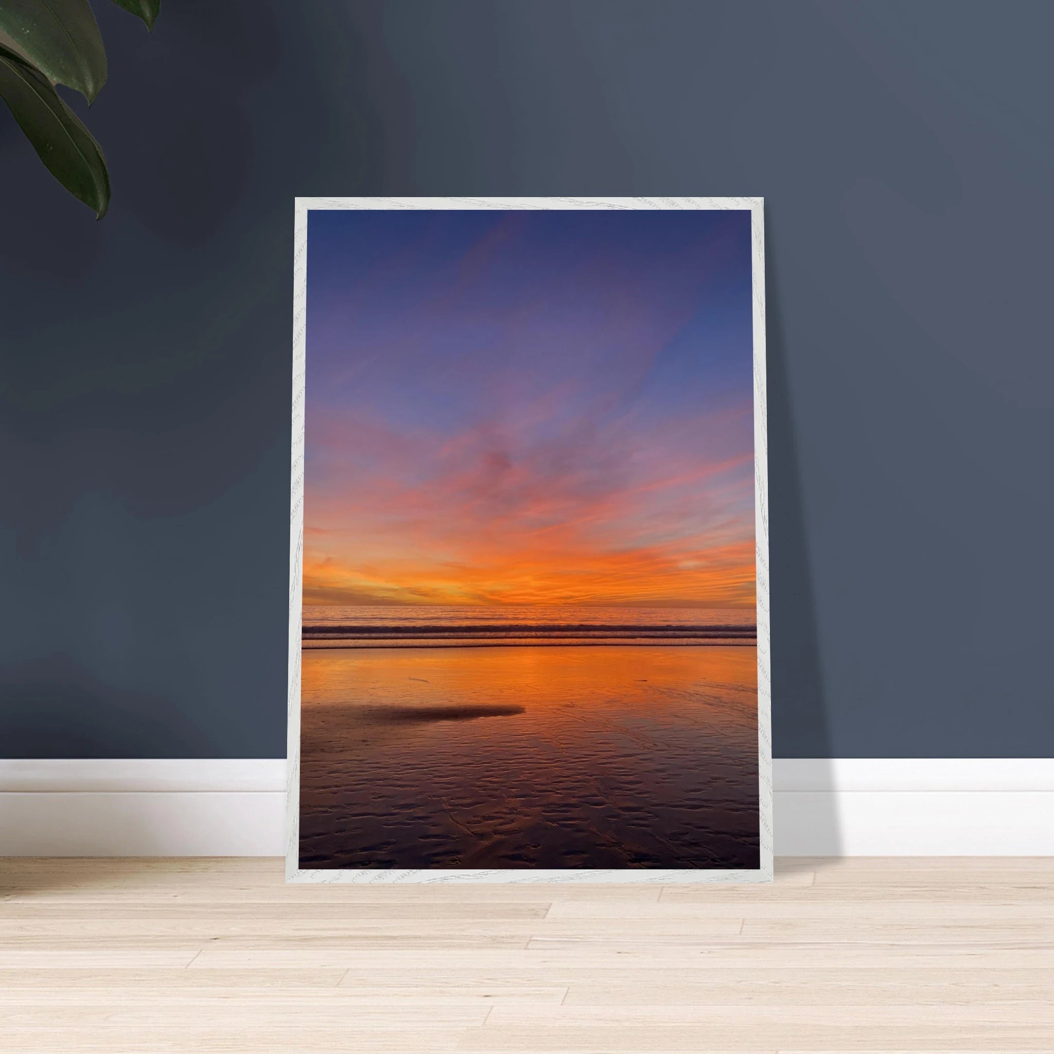 Vibrant California Sunset framed poster in a white wooden frame, showcasing colorful California poster art on high-quality print.