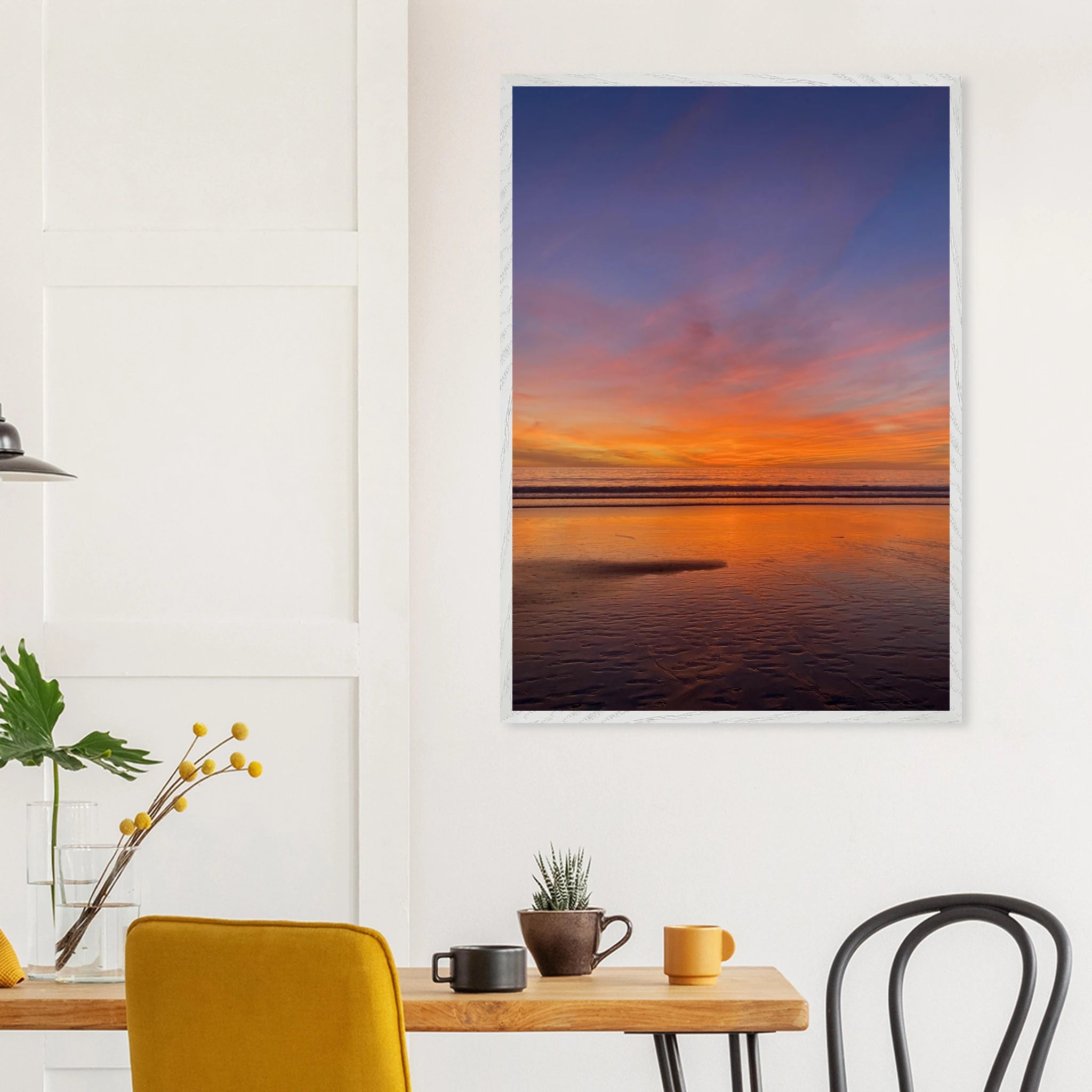 Vibrant California Sunset framed poster in a white premium wooden frame, 15x20 cm, featuring colorful California poster art.