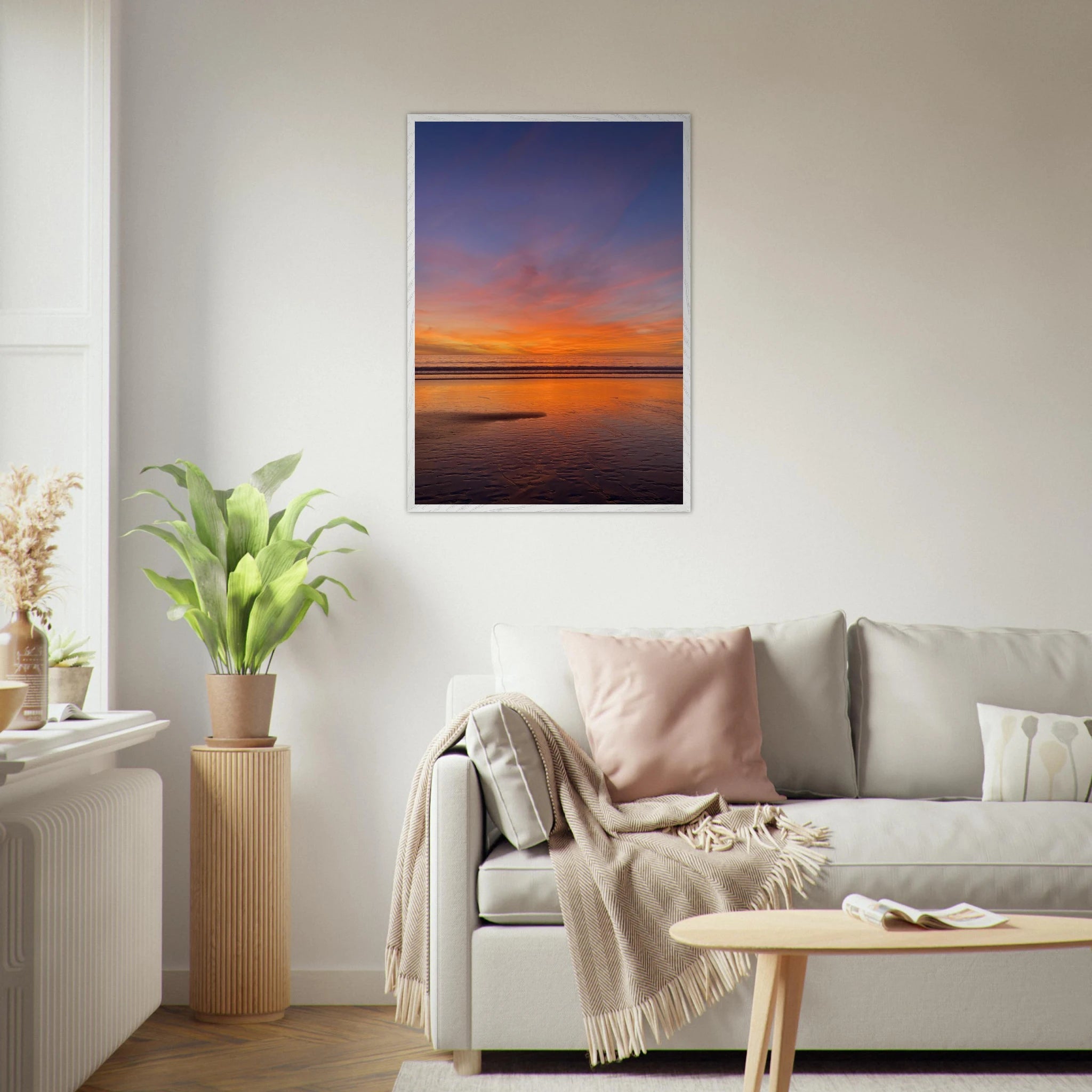 Vibrant California Sunset framed poster in a white wooden frame, studio edition art print on high-quality print material.