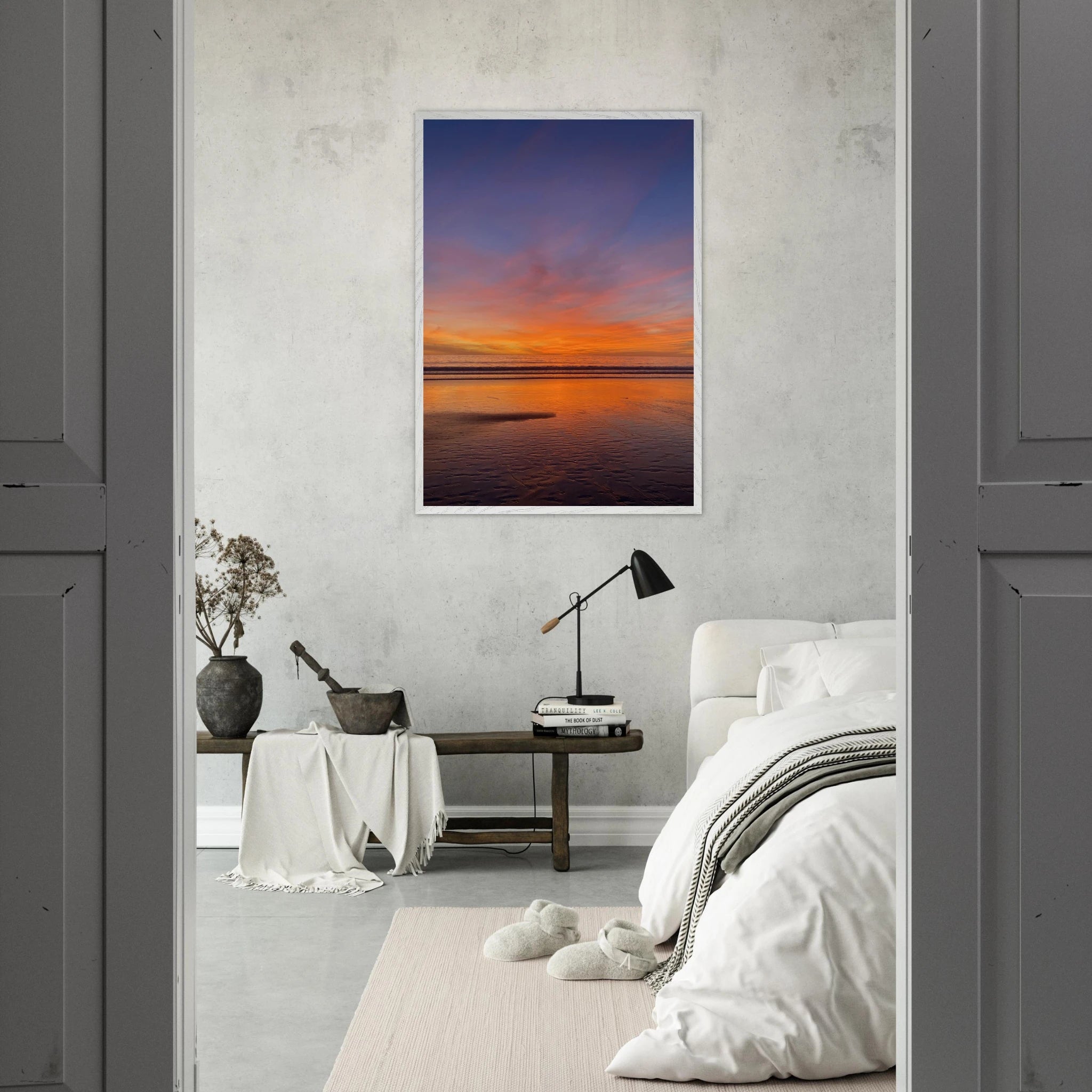 Vibrant California sunset framed poster in white wooden frame, studio edition art print, 15x20 cm, ideal for wall decor.