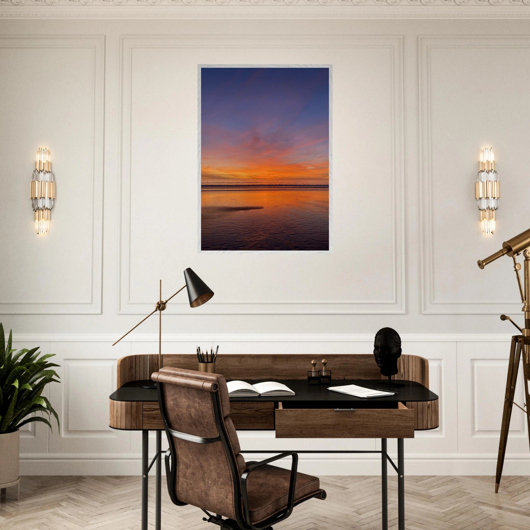Vibrant California Sunset framed poster in a white wooden frame, featuring colorful California poster art on high-quality print material.