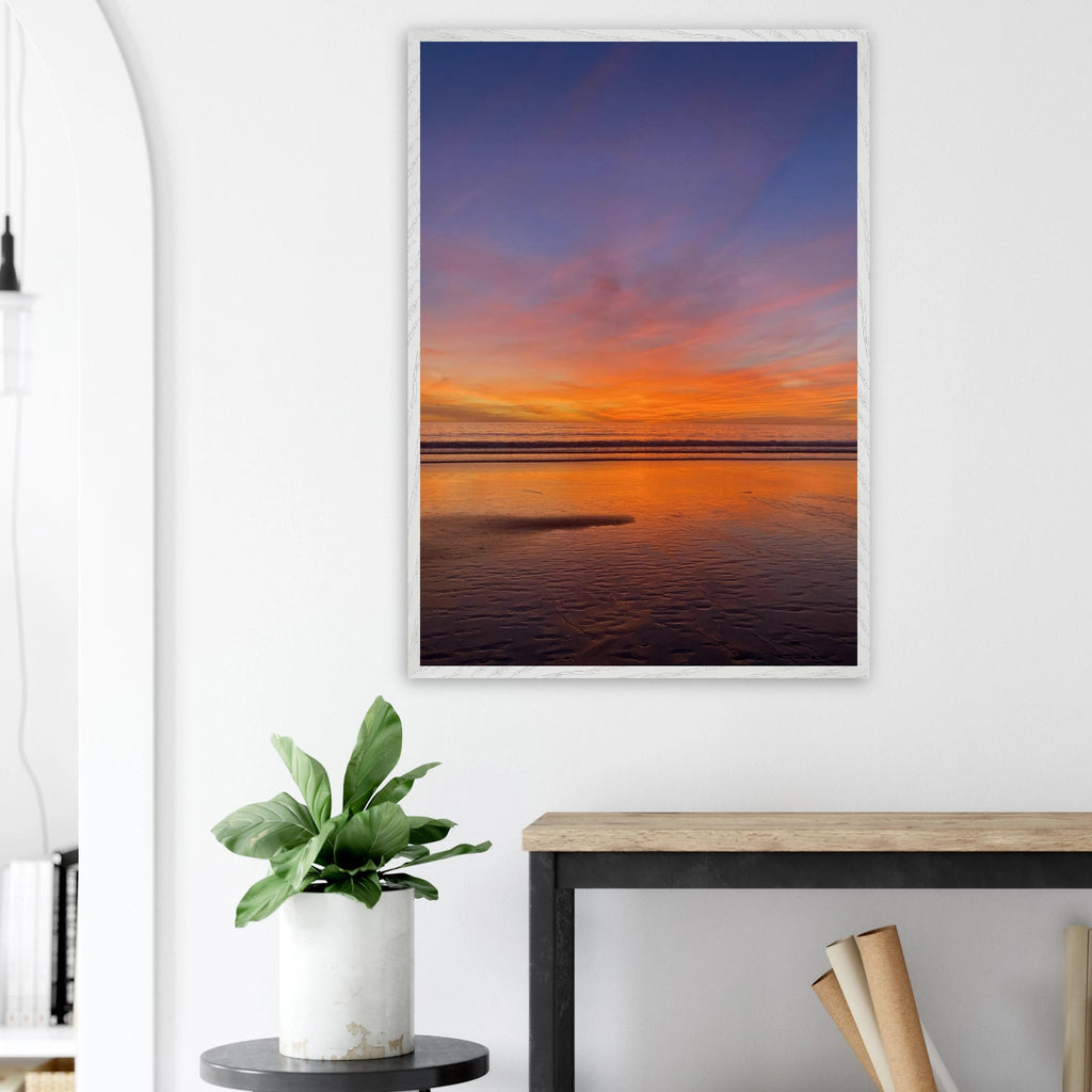 Vibrant California Sunset framed poster in a white wooden frame, featuring colorful sunset artwork on premium print material.