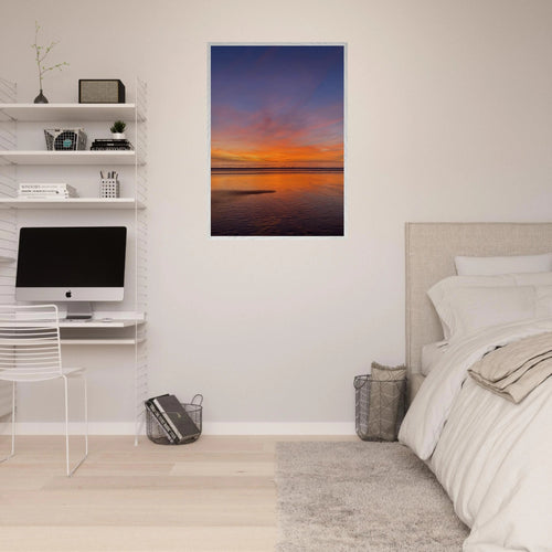 California Sunset framed poster, vibrant coastal wall art in a white wooden frame, featuring colorful sunset scenery.