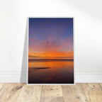 Vibrant California Sunset framed poster in a white premium wooden frame, 15x20 cm print, California poster art studio edition.