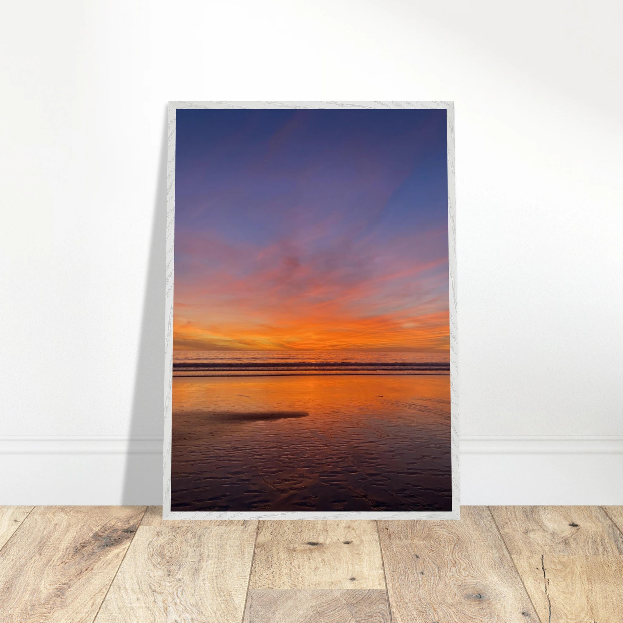 Vibrant California Sunset framed poster in a white premium wooden frame, 15x20 cm print, California poster art studio edition.