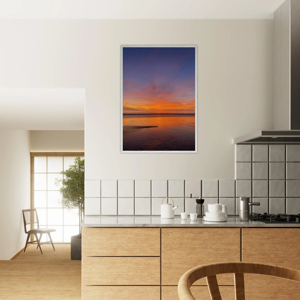 Vibrant California sunset framed poster in a white premium wooden frame, featuring colorful California poster art on print material.