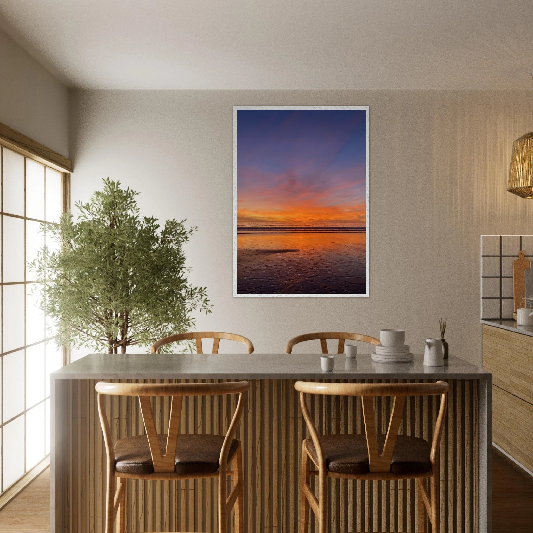 Vibrant California Sunset framed poster in a white wooden frame, featuring colorful sunset artwork on high-quality print material.