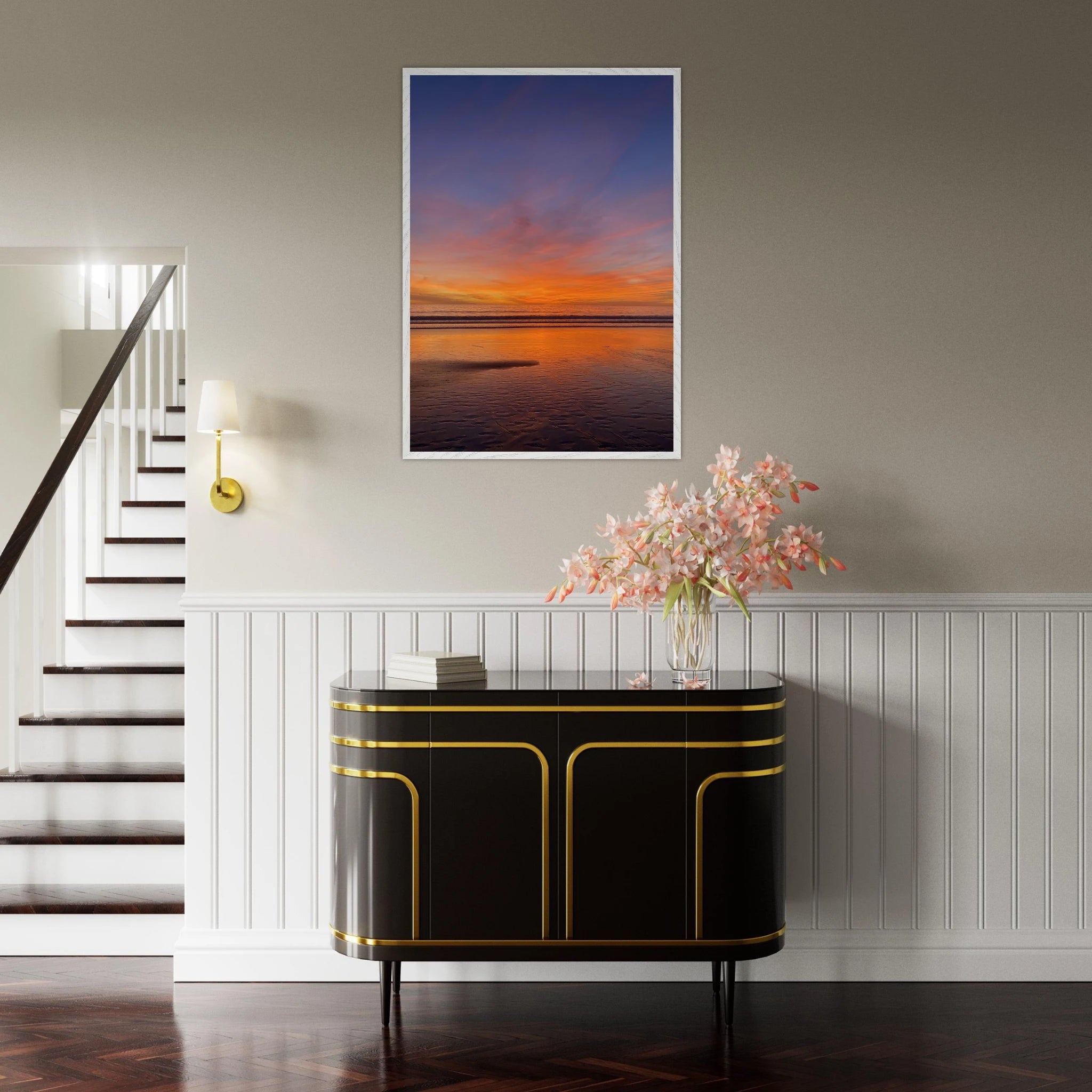 Vibrant California Sunset framed poster in a white wooden frame, 15x20 cm print, featuring colorful California poster art.