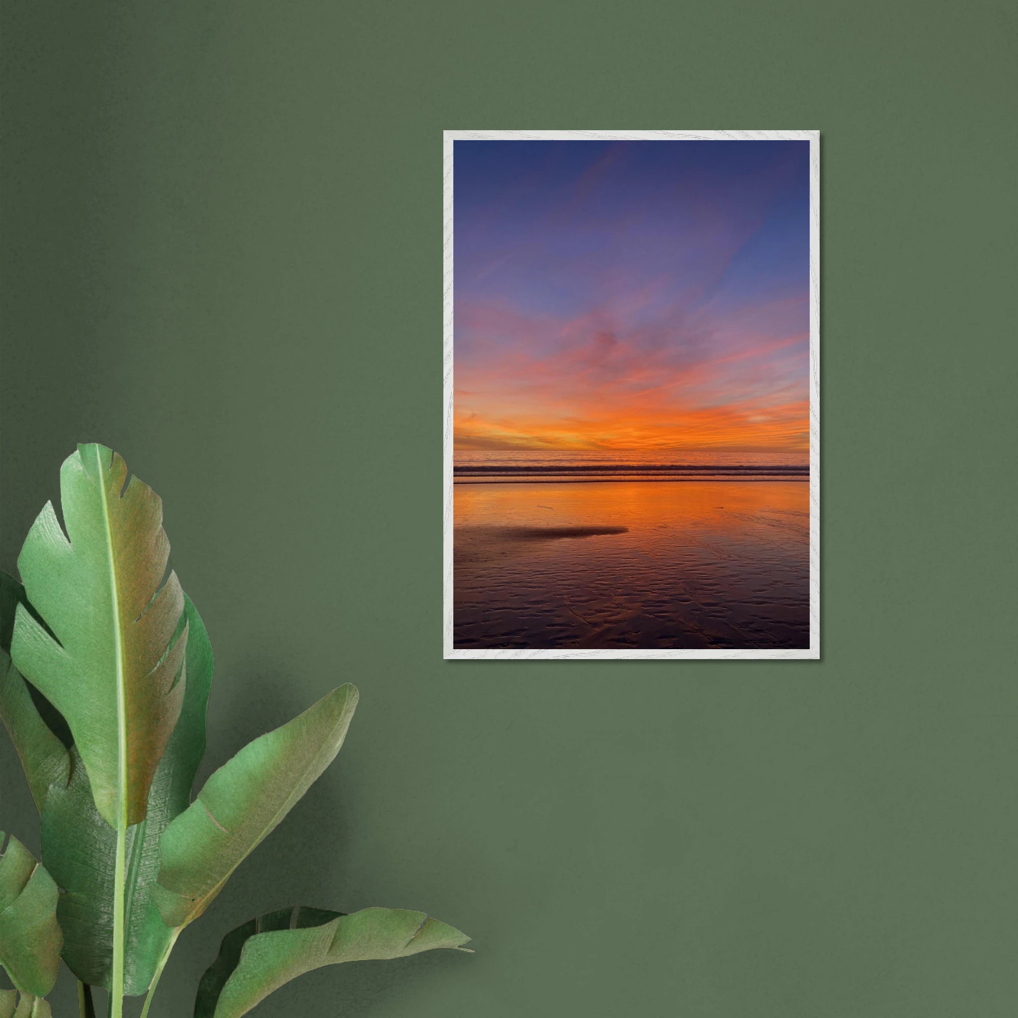 Vibrant California Sunset framed poster in a white premium wooden frame, showcasing colorful California sunset artwork.
