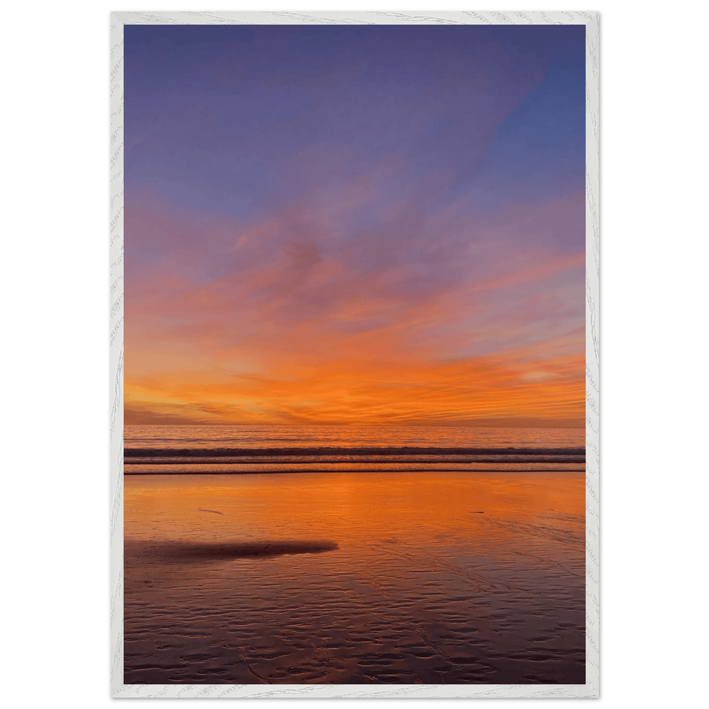 Vibrant California sunset framed poster in a white wooden frame, 15x20 cm print, featuring colorful California sunset artwork.