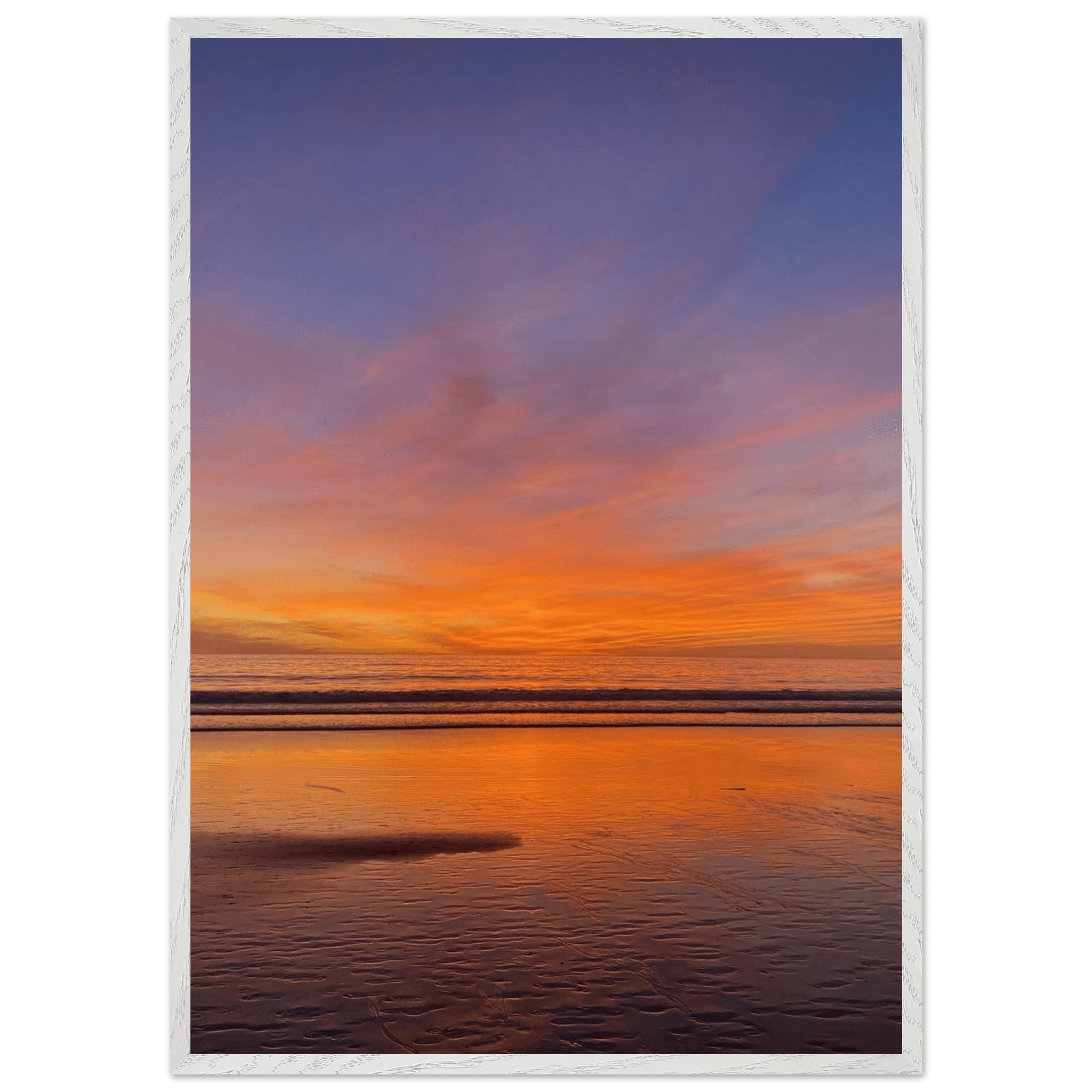Vibrant California sunset framed poster in a white wooden frame, 15x20 cm print, featuring colorful California sunset artwork.