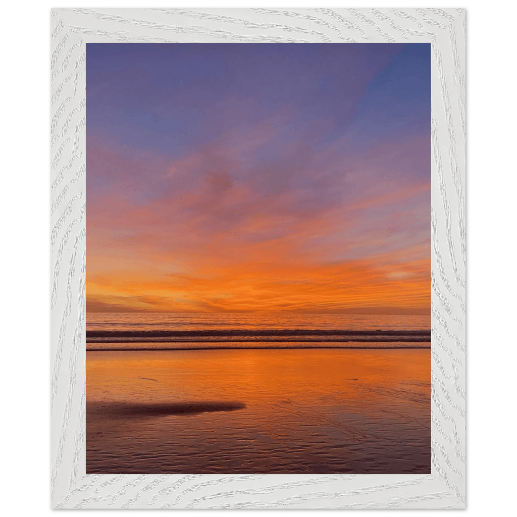 Vibrant California Sunset framed poster in a white premium wooden frame, studio edition print art, 15x20 cm.