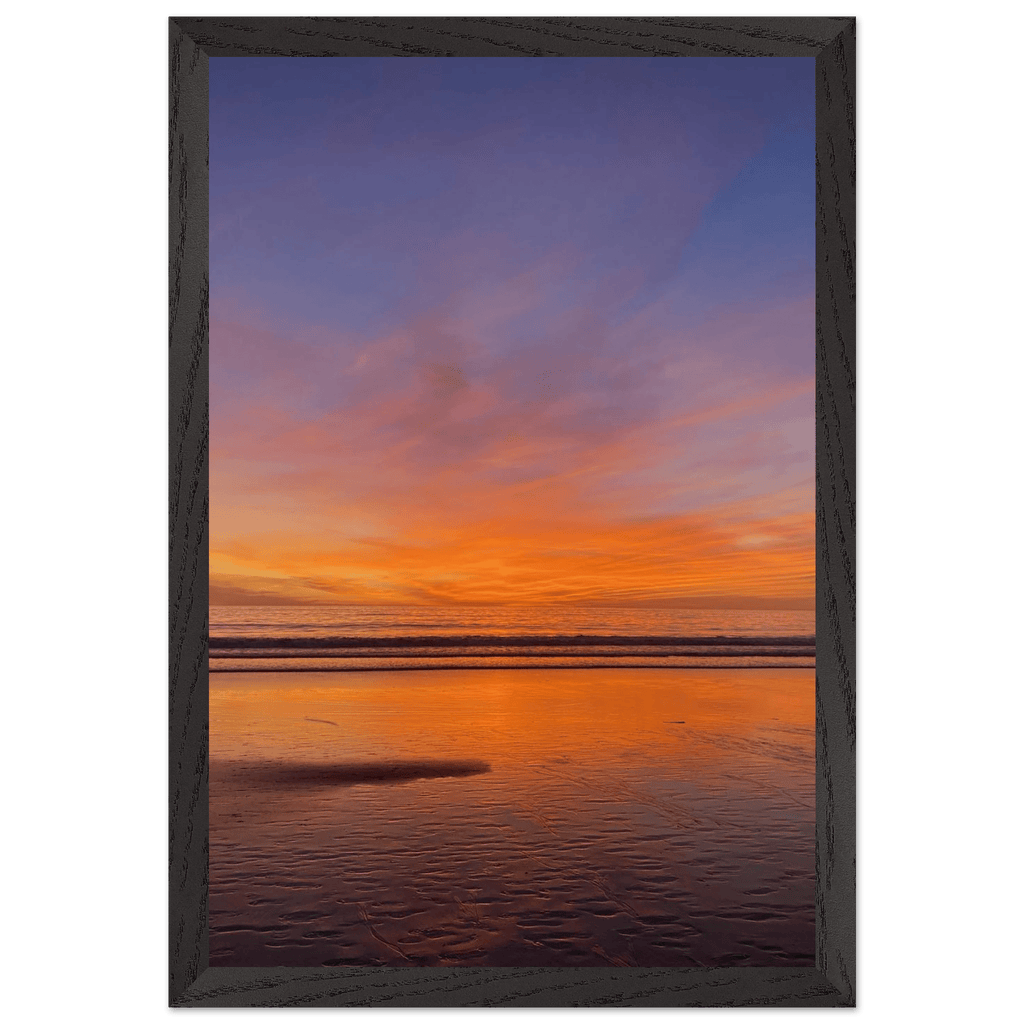 Vibrant California sunset framed poster in a white premium wooden frame, featuring colorful California poster art.