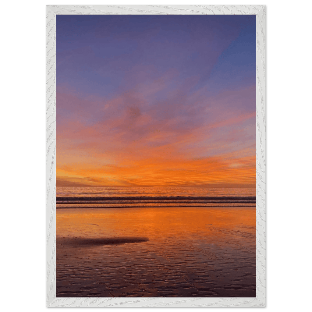 Vibrant California Sunset framed poster in a white premium wooden frame, 15x20 cm print, California poster art studio edition.
