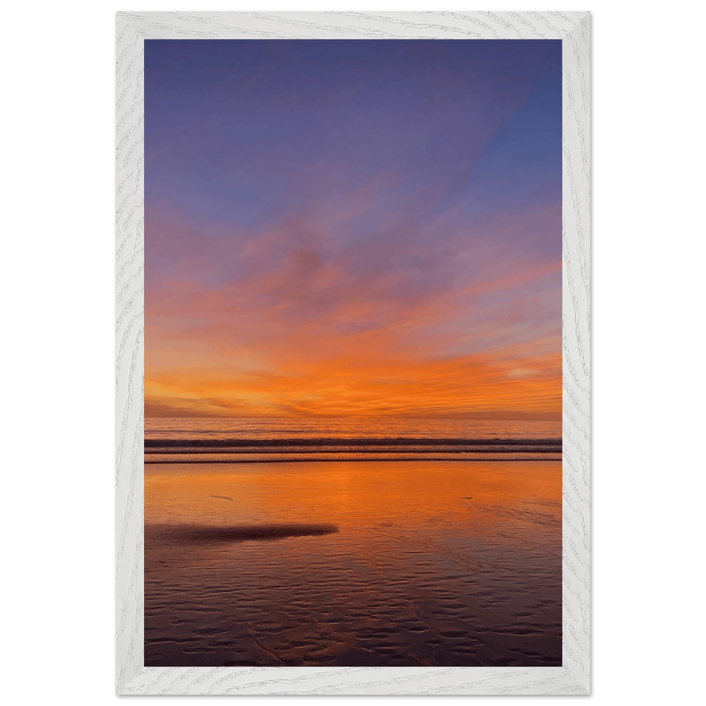 Vibrant California Sunset framed poster in a white wooden frame, featuring colorful California poster art on print material.