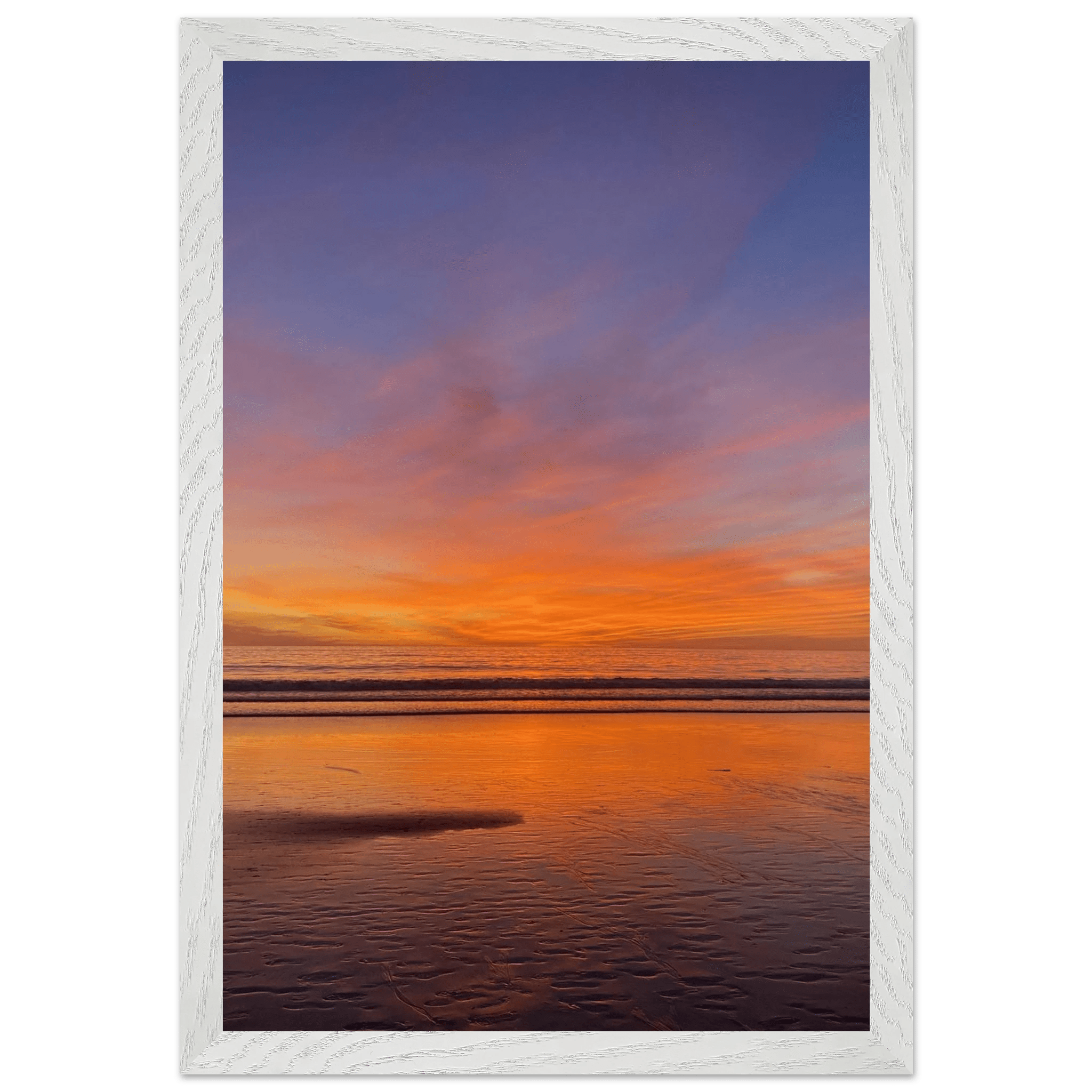Vibrant California Sunset framed poster in a white wooden frame, featuring colorful California poster art on print material.