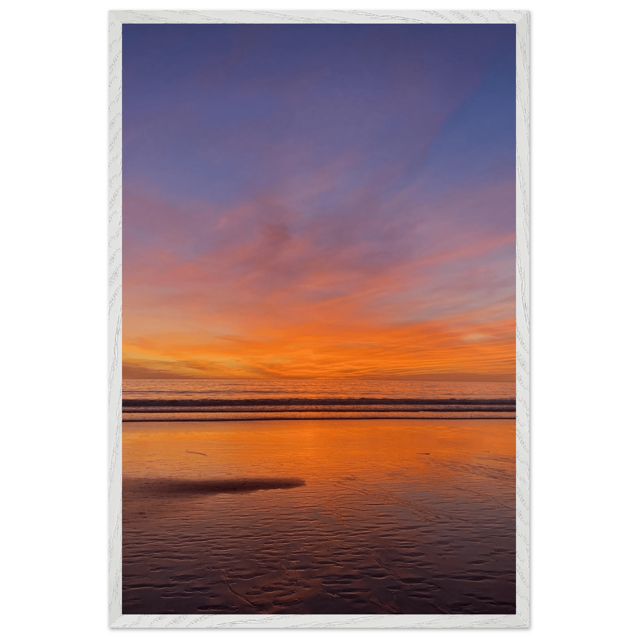 Vibrant California Sunset framed poster in a white premium wooden frame, 15x20 cm print, California poster art studio edition.