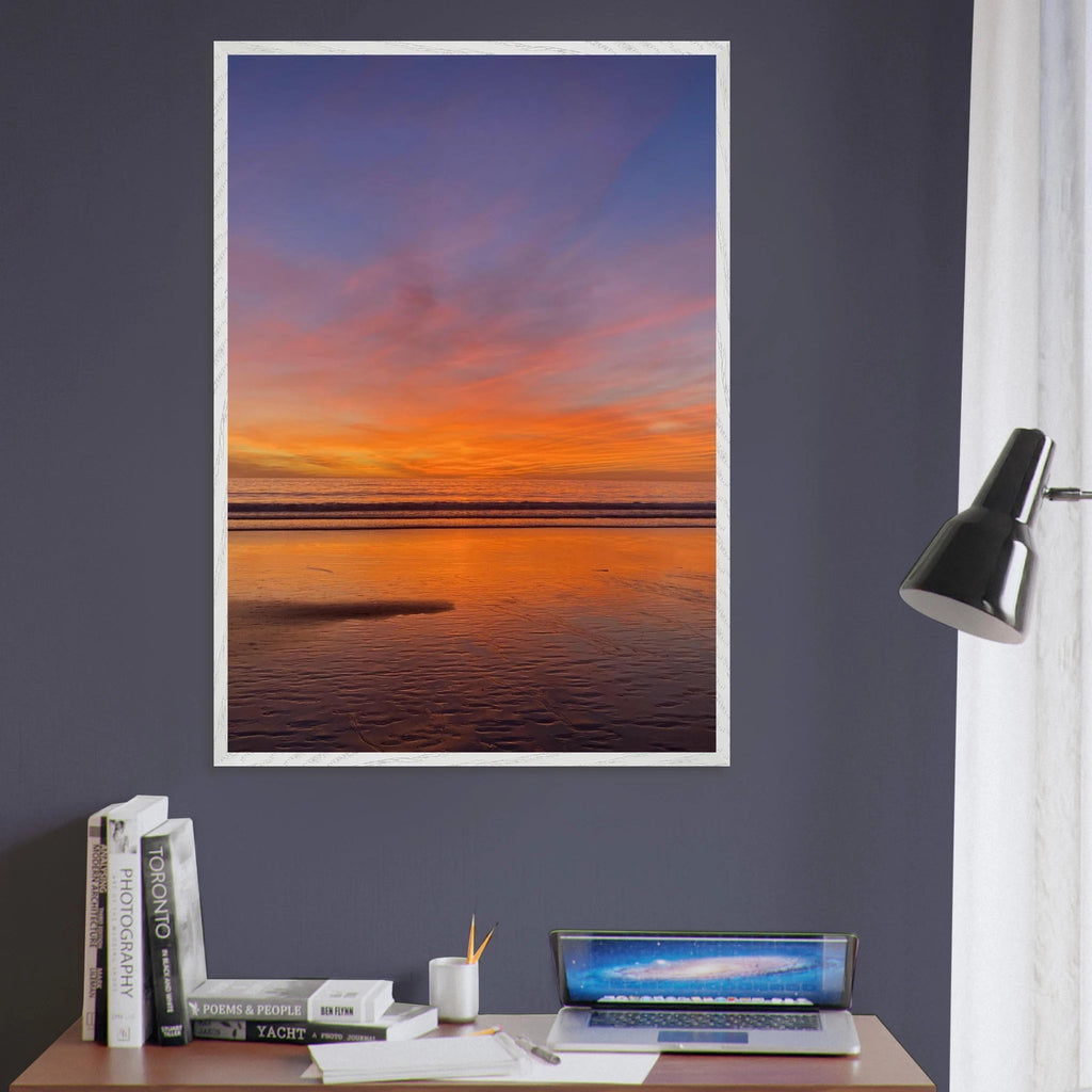 Vibrant California sunset framed poster in a white premium wooden frame, featuring colorful California poster art.